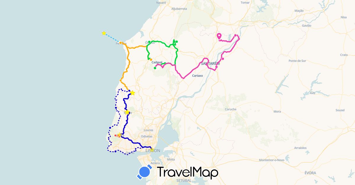 TravelMap itinerary: driving, hiking, boat, dia 3, dia 1, dia 2, dia 4 in Portugal (Europe)